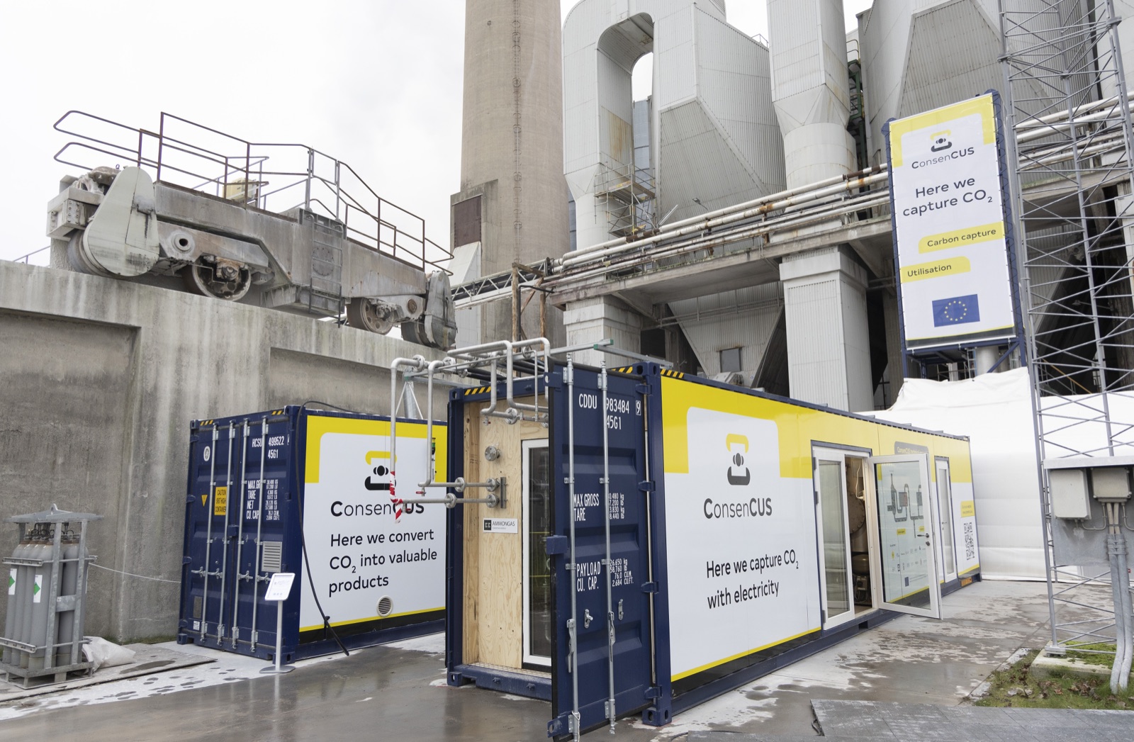 ConsenCUS carbon capture and conversion containers at a cement plant