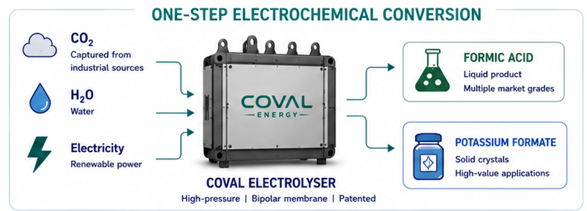 One-step electrochemical conversion of CO₂, water and electricity into formic acid and potassium formate